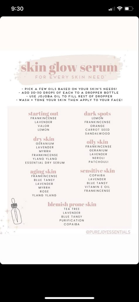 DIY Glow Serum using essential oils Essential Oil Glow Face Serum, Diy Essential Oil Face Serum, Essential Oil Facial Serum, Doterra Face Serum Recipe, Doterra Facial Serum, Essential Oils Face Serum, Essential Oil Serum Recipes, Oils That Are Good For Your Skin, Diy Essential Oil Skin Care Recipes