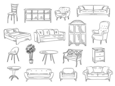 Free Vector | Furniture line doodle art Drawing Furniture Interior Design, Living Room Drawing Sketch, Drawing Of Living Room, Furniture Doodle, Drawing Of Furniture, Room Doodle, Living Room Sketch, Sketch Furniture, Room Sketch