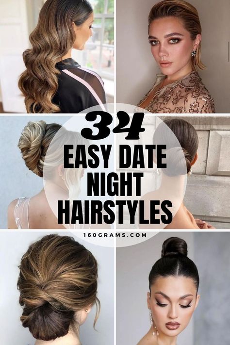 Save this pin for 34 easy and cute date night hairstyles that will elevate your look in minutes! From romantic curls to chic updos, find the perfect style for your next night out. #DateNightHairstyles #QuickStyles #FashionBlog Cocktail Night Hairstyle, Long Hairstyles For Night Out, Easy Cocktail Hairstyles, Dinner Dance Hairstyles, Night Out Hairstyles Medium, Hair Styles For Night Out, Cute Date Night Hairstyles, Easy Date Night Hairstyles, Date Night Hairstyles Long