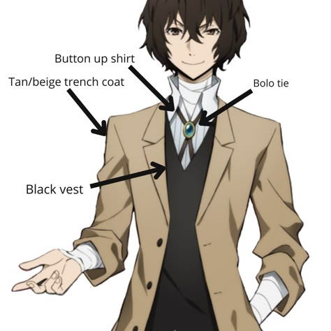 Bsd Dazai Outfit, Dazai Osamu Reference Sheet, Dazai Osamu Reference, Dazai Osamu Clothes, Dazai Cosplay Outfit, Dazai Inspired Haircut, Dazai Clothes Style, Dazai Osamu Outfit Ideas, Dazai Osamu Haircut