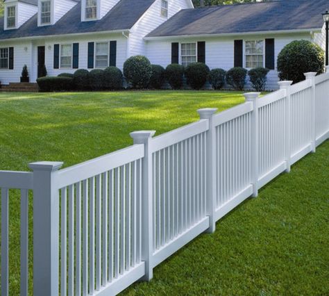 White Vinyl Picket Fence, Tall White Picket Fence, White House White Fence, Modern White Picket Fence, White Fence Front Yard, Short Fence, Picket Fencing, Vinyl Picket Fence, Gardening Design Diy