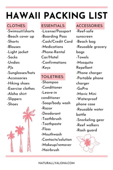 The Ultimate Hawaii Packing List - Naturally Aloha Hawaii Bucket List Honolulu, Outfits To Hawaii, Hawaii Packing Aesthetic, Travel To Hawaii Packing Lists, Hawaiian Vacation Packing List, What To Take To Hawaii Travel Tips, Travel Essentials Hawaii, 10 Day Hawaii Packing List, Maui Hawaii Packing List