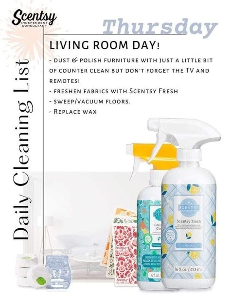 Thursday Scentsy 2023, Scentsy Thursday, Daily Cleaning List, 2023 Scentsy, Scentsy Cleaning Products, Scentsy Hacks, Daily Cleaning Lists, Cleaning Lists, Scentsy Consultant Business