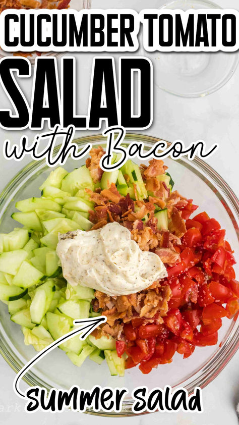 Looking for a refreshing and delicious salad? Try our Cucumber Tomato Salad with Bacon! This vibrant dish combines crisp cucumbers, juicy tomatoes, and crispy bacon for a flavor-packed, easy-to-make salad that's perfect for any occasion. It's a great side dish for barbecues, picnics, or a light lunch. Check out the full recipe and enjoy a burst of fresh flavors! Recipes With Cucumber And Tomato, Lunch With Cucumber, Mozarella Tomato Cucumber Salad, Cucumber Bacon Salad, Diced Cucumber Salad, Meals With Cucumbers, Cucumber Tomato Salad Recipes, Easy Picnic Side Dishes, Tomatoe Cucumber Salad