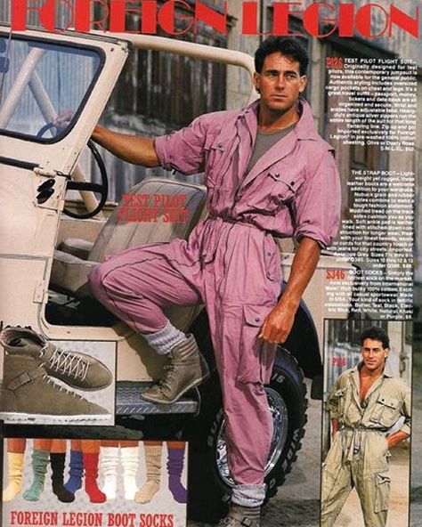 Fun and confusing sock and pilot suit ad #pilotsuit #80ssocks #80sad #80saddict #ad #advertising #flashback #pastell #1980s #retrowave #synth #synthwave #neontalk #flashback #topgun #synthwave #80sshoes Style Année 80, 80s Jumpsuit, 80s Fashion Men, 80s Men, Fashion 80s, 80s And 90s Fashion, 80s Mens, Loose Jumpsuit, 80s Outfit