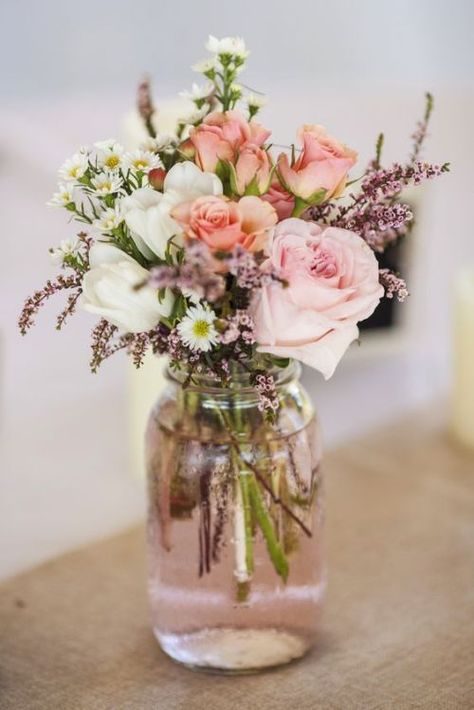 The Moon Alchemist - vintagestoriesandstyle: F L O W E R S Jam Jar Wedding, Diy Vintage Wedding, Pink Wedding Decorations, Boda Diy, Unique Wedding Flowers, Wedding Floral Centerpieces, Flower Arrangements Simple, Spring Wedding Flowers, Wedding Table Flowers