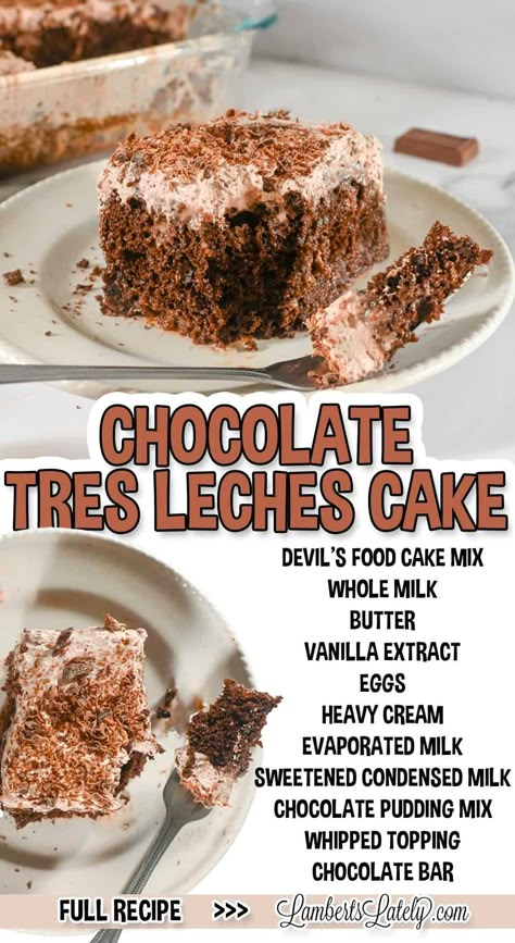 Make a Chocolate Tres Leches Cake with a boxed cake mix - it's easy and so delicious! Rich chocolate cake soaked in three milks, then topped with chocolate whipped cream and chocolate curls. Chocolate Tres Leches, Chocolate Tres Leches Cake, Doctored Cake Mix Recipes, Chocolate Cake Mix Recipes, Yummy Things To Bake, Box Cake Recipes, Tres Leches Cake Recipe, Devils Food Cake Mix Recipe, Leches Cake