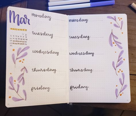 March Bujo Weekly Spread, Bujo Purple Theme, Purple Bullet Journal Theme, Bujo Purple, Bee Bujo, Work Bullet Journal, March Weekly Spread, Purple Bullet Journal, Bullet Journal Cheat Sheet