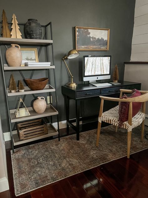 Grey Bedroom Office Combo, Home Office Accent Wall Color, Green Grey Office, Moody Attic Office, Cozy Moody Office, Moody Office Guest Bedroom, Moody Vintage Home Office, Office With Seating Area, Moody Small Office