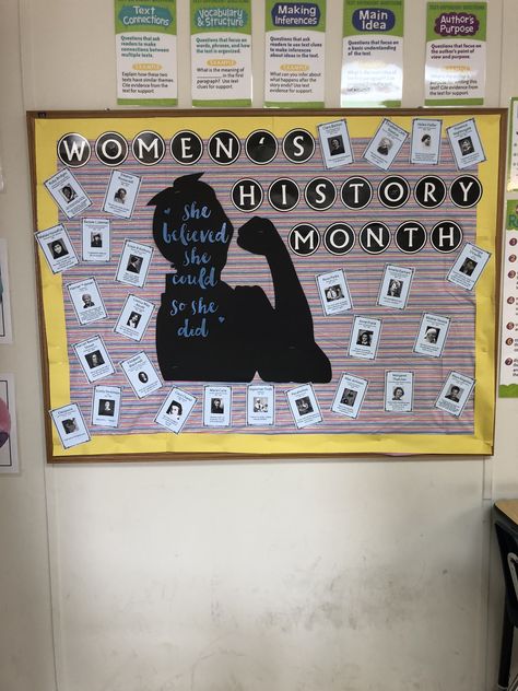 Women's Day Decoration Ideas For School, Women History Month Door Decorations, Women’s History Month Ideas, Womens History Bulletin Board Ideas, Women’s History Month Display, Women’s Month Bulletin Board, Woman’s History Month Bulletin Board, Women's History Month Library Display, Womens Month Bulletin Board