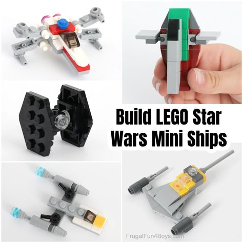 Build Your Own LEGO Mini Star Wars Ships - Frugal Fun For Boys and Girls Lego Star Wars Ships, Lego Tie Fighter, Star Wars Activities, Lego Star Wars Party, Lego Star Wars Mini, Star Wars Crafts, Lego Club, Lego Diy, Lego Ship