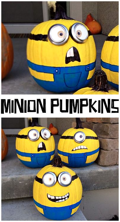 No Carve Minion Pumpkins (Fun  paint decorating craft for kids this Halloween!) Minion Pumpkins, Minion Pumpkin, Halloween Pumpkin Diy, Pumpkin Decorating Contest, No Carve Pumpkin Decorating, Creative Pumpkin Carving, Pumpkin Contest, Hallowen Ideas, Halloween Pumpkins Painted