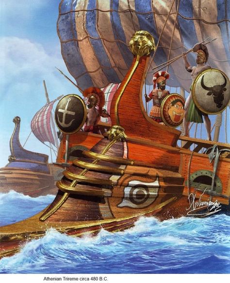 Several epibitae (marines) at the bow of a trireme, as it speeds to battle at Salamis (480BCE). Artwork by Christos Giannopoulos Nuragic Civilization, Battle Of Salamis, Anunnaki Aliens, Greek Hoplite, Greco Persian Wars, Sea Peoples, Greek Paintings, Punic Wars, Classical Greece