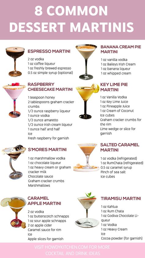 A visual guide to 8 classic dessert martini recipes with detailed ingredients Martini Recipes Sweet, Girly Martini Recipes, Fancy Martini Recipes, Desert Cocktails, Fun Easy Cocktails, Dessert Martini Recipes, Dessert Martinis, Impressive Cocktails, Sweet Martini Recipes