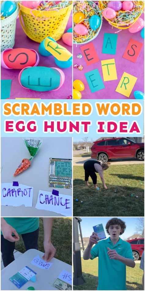 These three fun scrambled egg hunt ideas will have players of any age searching for scrambled up words in eggs to find prizes! | scrambled word egg hunting | scrambled word egg hunts | scrambled word egg hunt | easy scrambled words | easter scrambled words | scrambled words game with answers worksheet | scrambled words game with answers | scrambled words game easter Scrambled Egg Hunt, Easter Camping Ideas, Easter Egg Hunt For Teens, Fun Easter Egg Hunt Ideas, Family Easter Games, Easter Egg Hunt Games, Adult Easter Egg Hunt, Egg Hunt Games, Easter Egg Hunt Ideas