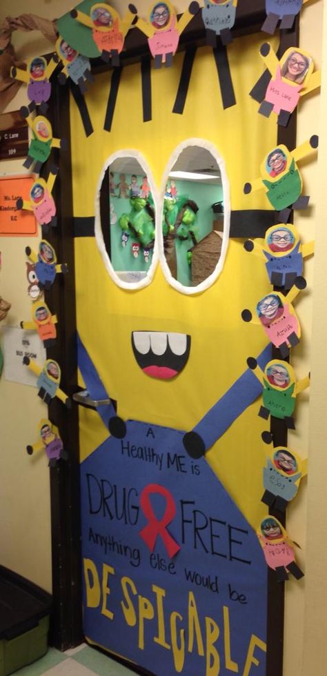 Adorable Red Ribbon Week Door Decor from a teacher friend of mine!!! So cute! #RedRibbonWeek #Minions Minion Red Ribbon Week Door, Red Ribbon Week Door Decorating 2022, Red Ribbon Bulletin Board Ideas, Red Ribbon Doors Ideas, Red Ribbon Door Decorating Ideas, Red Ribbon Week Door Decorating Movie Theme, Red Ribbon Door Ideas Schools, Red Ribbon Week Door Decorating Contest, Red Ribbon Week Door Decorating