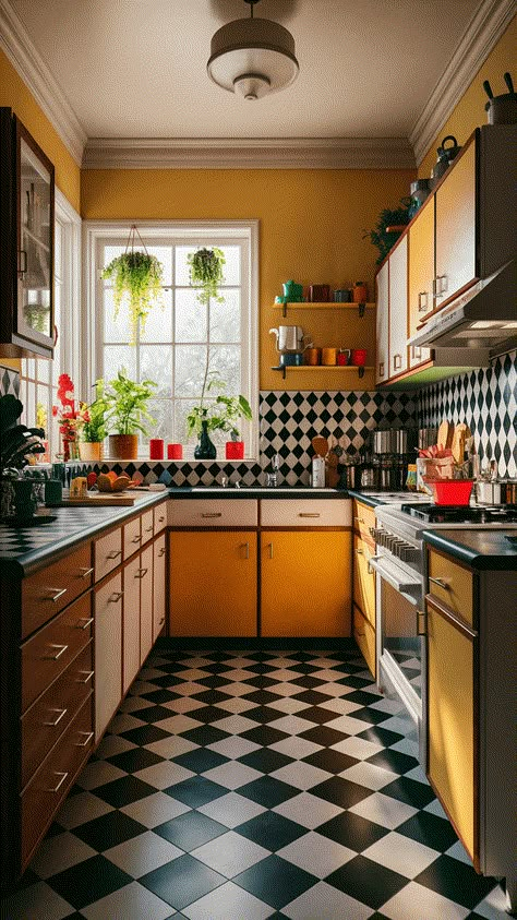 Retro Kitchen Yellow, Kitchen 70s Style, Colorful Vintage Home, Bright Kitchen Cabinets, Seventies Interior Design, Kitchen Design Colorful, 70s Style Kitchen, Diy Countertops Cheap, Restaurant Ideas Design