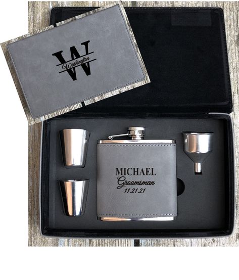 Personalized Groomsman Gray Leather Flask Set Best Man Groomsmen Fathers Day Gift Basket, Groomsmen Grey, Groomsmen Flask, Godfather Gifts, Flask Set, Leather Flask, Engraved Box, Personalized Flasks