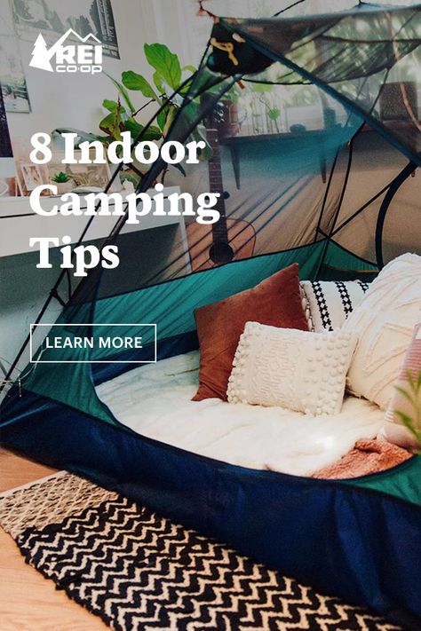 Get inspired by these indoor camping setups and turn part of your home into a campsite.   Photo credit: @jamie.photo via Instagram Camp Room Ideas, Camping In Living Room, Indoor Glamping Birthday Party, Indoor Glamping Party, Indoor Camping Ideas For Kids, Camping Decor Outdoor, Awesome Forts, Indoor Camping Ideas, Camping Indoors