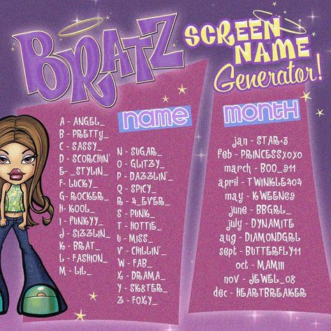 Bratz on Instagram: “But what’s your Bratz screen name tho? April babies we’re looking at you! 💘📟 #bratz” Usernames Para Instagram, Girly Aesthetics, Store Names Ideas, Username Generator, Usernames For Instagram, Group Names Ideas, Aesthetic Usernames, Angel Posters, Instagram Username Ideas