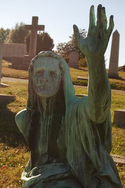 Rock Creek Cemetery - statue with lifted hand - close up by cruisingat60, via Flickr Cemetery Angels, Cemetery Statues, Cemetery Headstones, Old Cemeteries, Cemetery Art, Stone Statues, Six Feet Under, Grave Marker, Sculptures & Statues