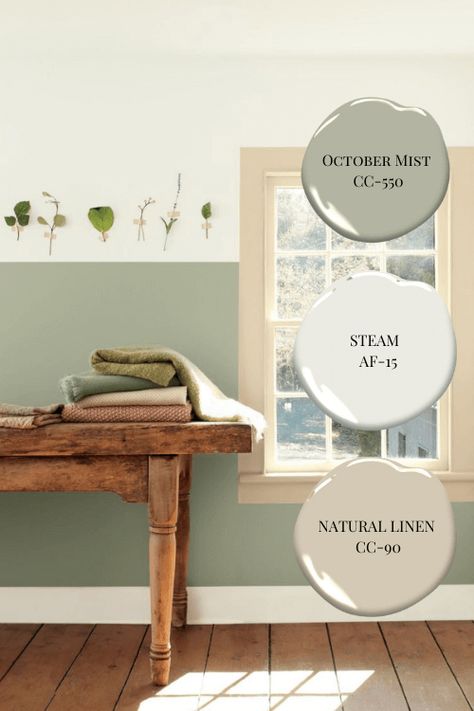 Benjamin Moore Colour of the Year 2022 - Claire Jefford House Painting Ideas Interior Benjamin Moore, Benjamin Moore October Mist Color Palette, Steam By Benjamin Moore, Benjamin Moore Colour Palettes, Benjermin Moore Paint Colors Ideas, Steam Paint Benjamin Moore, October Mist Benjamin Moore Color Palette, Benjamin Moore October Mist Kitchen, Colors That Go With October Mist