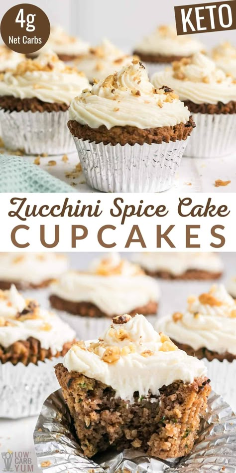 Spice Cake Cupcakes, Zucchini Spice Cake, Sugar Free Cream Cheese Frosting, Zucchini Cupcakes, Low Carb Cupcakes, Summer Zucchini, Egg Replacer, Desserts Keto, Low Carb Cake