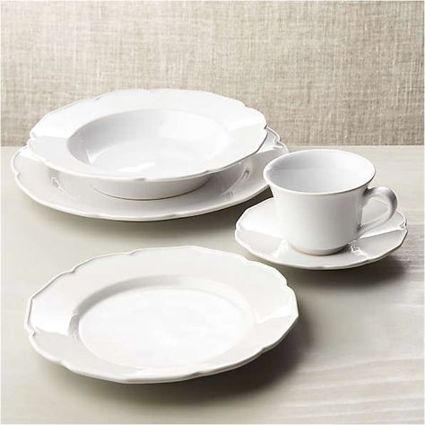 Savannah Scalloped White Dinnerware | Crate and Barrel Farmhouse Dinnerware, Dinnerware Set Modern, Rustic Dinnerware, Home Styles Exterior, Modern Dinnerware, White Dinnerware, French Country Kitchen, White Dishes, Stoneware Dinnerware