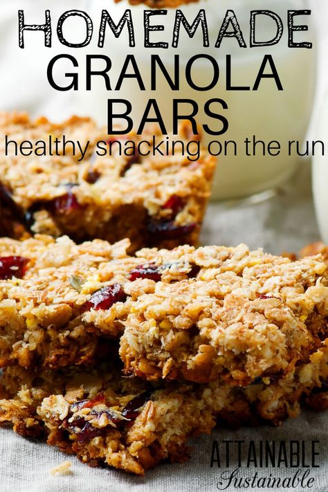 Learning how to make granola bars at home will save you lots of cash at the supermarket AND reduce the amount of waste your snack generates. These are the first bars we made when we learned how to make granola bars, and with a few alterations, it's been with us for years! #breakfast #recipe #snack via @Attainable Sustainable Peanut Butter Granola Bar Recipe, Low Calorie Granola, Healthy Grab And Go, Home Made Granola, Bars At Home, Homemade Granola Bars Healthy, Make Granola, Mediterranean Snacks, How To Make Granola