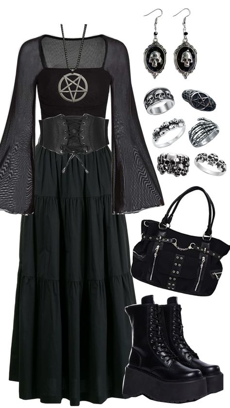 #goth #gothic Thrift Goth Outfits, Witch Clothes Aesthetic, Witch Goth Outfits, Goth Outfit Ideas Casual, Grunge Goth Aesthetic Outfits, Goth Alt Outfits, Mopey Goth Outfits, Emo Dress Outfit, Witchy Goth Outfit