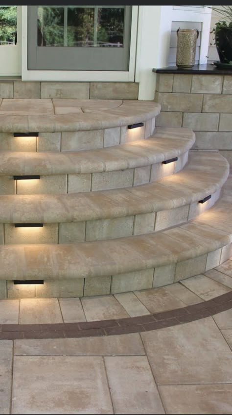 Round Front Steps, Round Front Steps Entrance, Rounded Front Porch Steps, Outdoor Stairs Tiles Design, Front Door Stairs Entrance, Front Stairs Entrance, Outside Stairs Design, Stairs Decoration, Stone Patio Designs