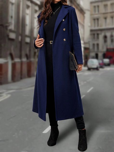 Navy Blue Trench Coat Outfit, Navy Coat Outfit, Royal Blue Coat, Winter Wear Women, Double Breasted Overcoat, Trench Coat Outfit, Blue Trench Coat, Navy Coat, Navy Blue Jacket