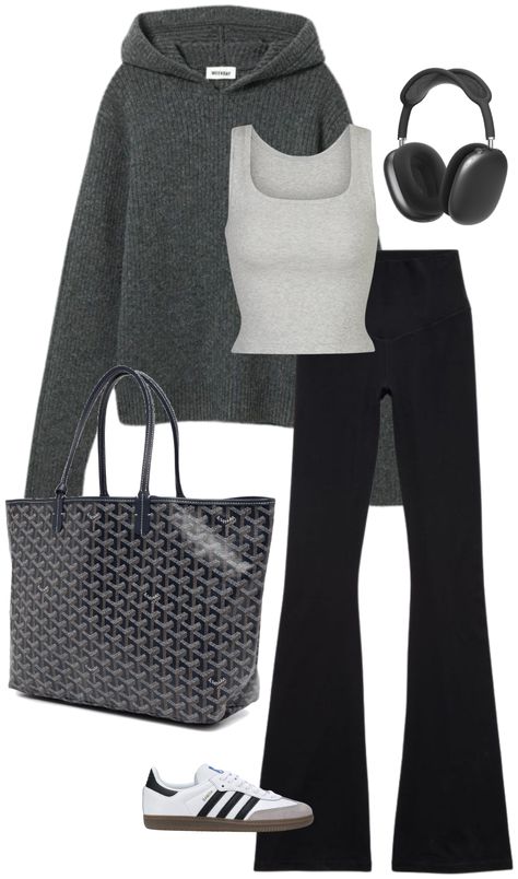 Gray Airport Outfit, Athletic Leisure Outfit Winter, Sweatpants Outfit Layout, Streetwear Leggings Outfit, Warm Airport Outfit, Outfits To Travel In Airports, Comfy Fall Outfits Lazy Days Sweatpants, Black Knit Pants Outfit, Classy Comfortable Outfits