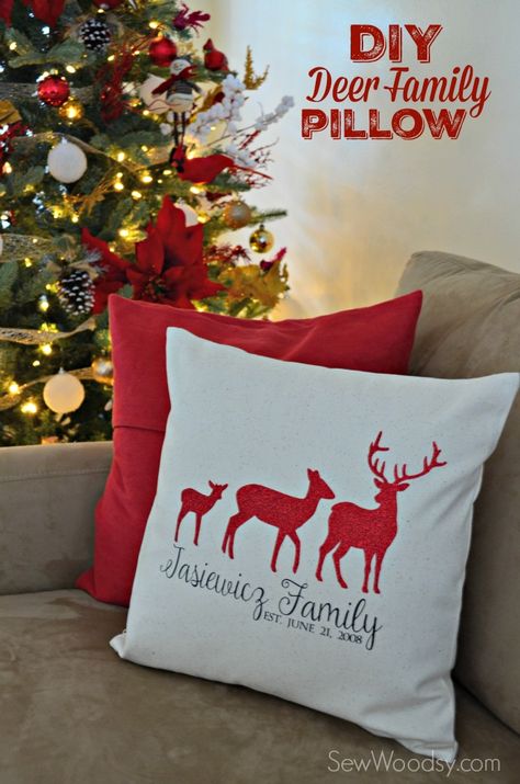 DIY Deer Family Pillow Cover No Sew Pillow Covers, Family Pillow, Using Cricut, Diy Pillow Covers, Deer Family, Christmas Pillows, Sewing Pillows, Cameo Projects, Iron On Vinyl