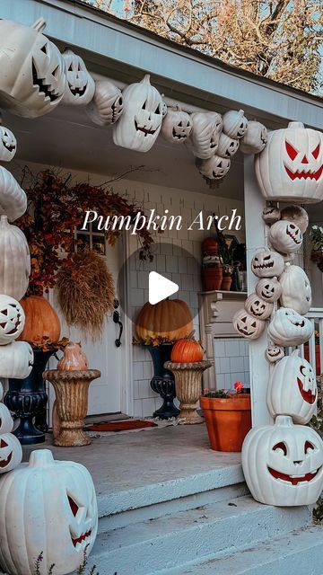 Karlee Gail Bowman on Instagram: "How we made the pumpkin arch on the front of our porch! Goodness, I love these pumpkins on my house! 🎃 #halloweendecor #diydecor #festivehome #bhghome" Outdoor Pumpkin Arch, Pumpkin Porch Arch, Pumpkin Door Arch, Halloween Porch Decorations Ideas, Pumpkin Arch Front Porch, Pumpkin Archway Diy, Diy Pumpkin Arch, Pumpkin Porch Decorations, Pumpkin Arch