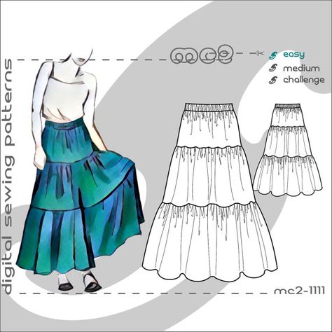 3-tier Easy-to-make Gipsy_Gypsy_Peasant_Prairie Skirt/ Digital PDF Sewing Patterns for Women by mc2patterns #Easy_to_make #Gipsy #Gypsy #Peasant #Prairie #Skirt #Digital #PDF_Sewing #Patterns #Women #mc2patterns Romani Skirts Pattern, Hippie Skirt Pattern, Peasant Skirt Pattern, Diy Peasant Skirt, Boho Skirt Pattern Free, Prairie Skirt Pattern, Long Skirt Pattern Sewing, Ruffled Skirt Pattern, Boho Skirt Pattern