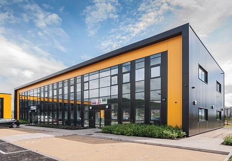 Warehouses Exterior, Warehouses Architecture, Electric Cycle, Port Talbot, School Building Design, Retail Facade, Commercial Design Exterior, Factory Architecture, Facade Panel