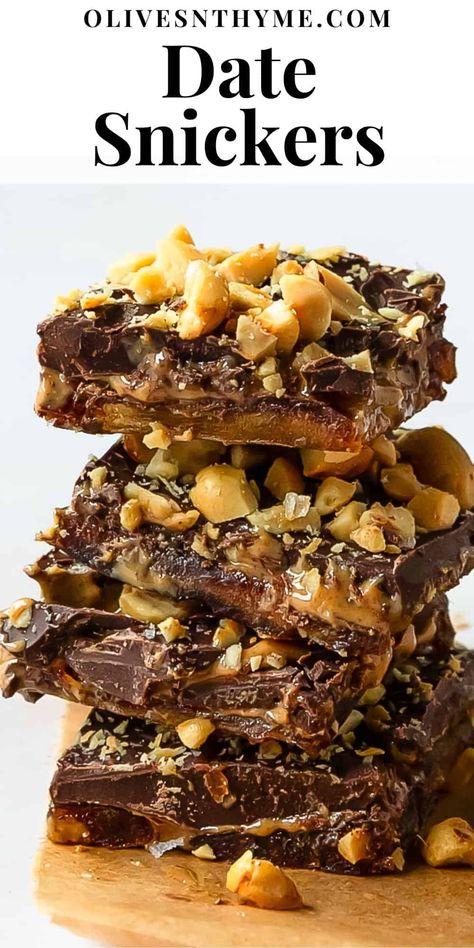 Date Snickers Recipe Healthy Chewy Snacks, Vegan Date Squares, Date Squares Healthy, Homemade Snickers Bars Healthy, Easy Dates Recipes, Snickers Bar Made With Dates, Medjool Date Recipe, Holiday Desserts Healthy, Date Healthy Dessert