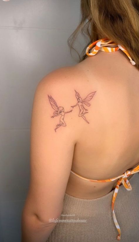 Fairy Tattoo On Back Shoulder, Back Fairy Tattoo, Fairy Tattoo Collarbone, Spine Fairy Tattoo, Fairy Spine Tattoos For Women, Fairies Tattoos For Women, Best Friend Fairy Tattoos, Fairy Line Tattoo, Fairy Tattoo On Back