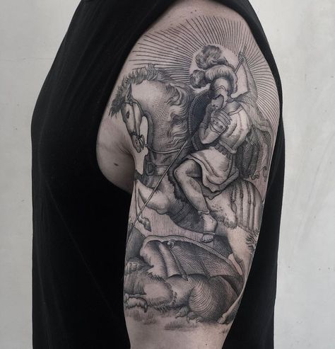 wil wang on Instagram: “Saint george and the dragon #saintgeorgeandthedragon #saintgeorgeandthedragontattoo #saintgeorge #linework #lineworktattoo #lineworkart…” Saint George And The Dragon Tattoo, George And The Dragon Tattoo, St George Tattoos For Men, Saint George Tattoo, St George Tattoo, St George, Family Tattoos For Men, Woodcut Tattoo, Saint George And The Dragon