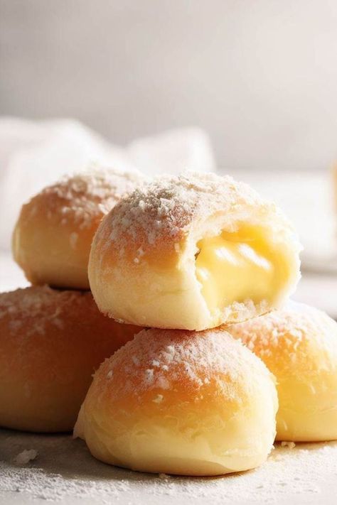 Custard Buns Recipe Filled Buns Recipe, Japanese Custard Bun, Custard Filled Desserts, Custard Cookies Recipes, Custard Filled Doughnut, Custard Buns Recipe, Dessert Buns, Korean Dessert Recipes, Custard Rolls