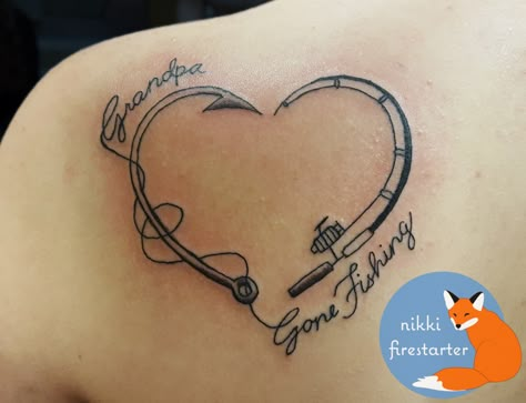 Grandpa Tattoo For Grandkids, Cute Fishing Tattoos For Women, Grandpa Gone Fishing Tattoo, Granddaughter Tattoo Ideas For Grandpa, Memorial Fish Tattoos, Fish Tattoo Memorial, Female Fishing Tattoos, In Memory Fishing Tattoo, Hunting And Fishing Tattoos In Memory