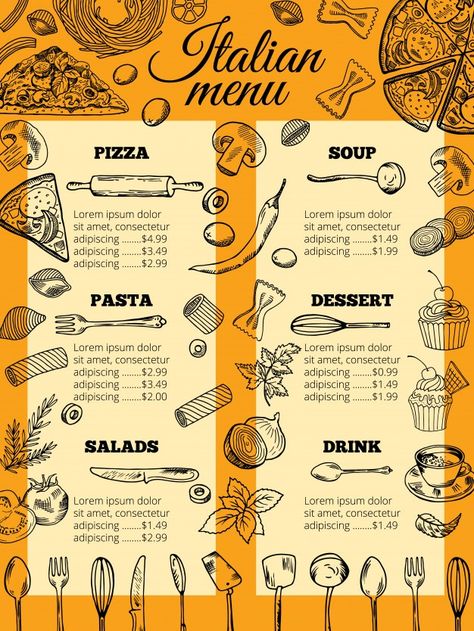 Resturant Menu, Italian Food Menu, Pizza Menu Design, Different Pasta, Pasta Menu, Menu Vintage, Menu Pizza, Pizza Soup, Cafe Menu Design