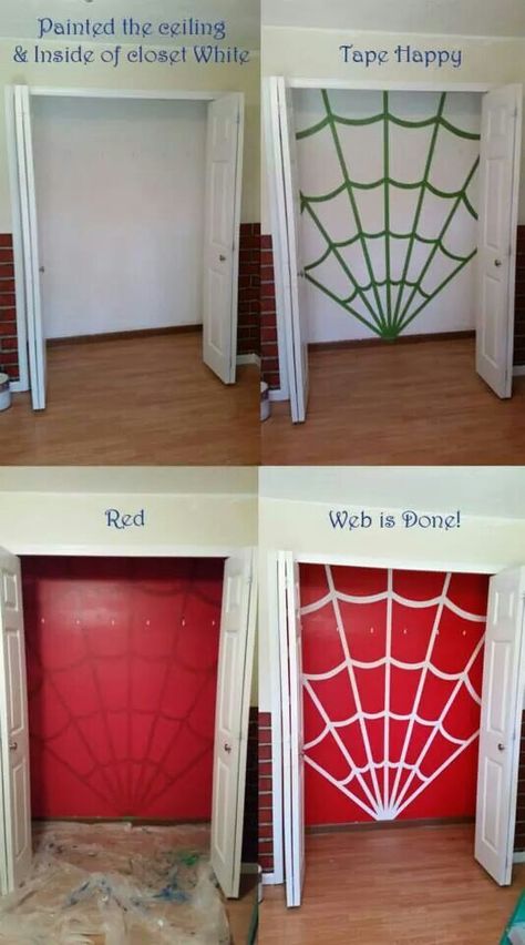 Superhero Accent Wall, Spiderman Room Paint Ideas, Marvel Room Paint Ideas, Spiderman Bedroom Wall, Spiderman Wall Art Diy, Diy Spiderman Bedroom Decor, Spiderman Accent Wall, Superhero Bedroom Paint Ideas, Super Hero Bedroom Ideas For Boys