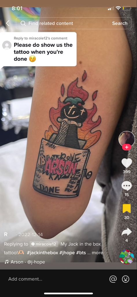 Jhope Jack In The Box Tattoo, Arson Tattoo, Jack In The Box Tattoo, Seoul Tattoo, Hope Tattoo, Jack In The Box, The Box, Small Tattoos, Seoul