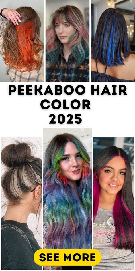 Explore 20 stunning peekaboo hair color ideas for 2025 that feature bold blue, subtle purple, and fiery red shades. These designs include short brown styles, blonde highlights, and burgundy undertones. Add a pop of green or pink for a unique touch, or go for natural hair with light brown accents. Boho braids or side bangs enhance the look, while rainbow-inspired designs add vibrant charm to curly or straight hairstyles. Pulp Riot Hair Color Ideas, Peekaboo Hair Color Ideas, Peekaboo Hair Color, Blonde Styles, Color 2025, Hidden Rainbow Hair, Pinwheel Hair Color, Blue Hair Highlights, Peekaboo Hair Colors