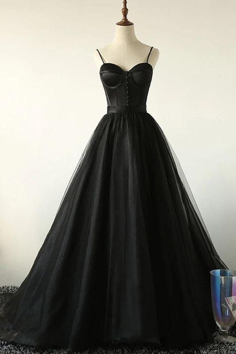 Charming Black Spaghetti Straps Sweetheart Tulle Evening Dresses, Formal Dress P1471 Black Tulle Prom Dress, Tulle Prom Dress Long, Long Party Gowns, Sweep Train Prom Dress, Black Ball Gown, Tulle Evening Dress, Yule Ball, Sweetheart Prom Dress, Black Party Dresses