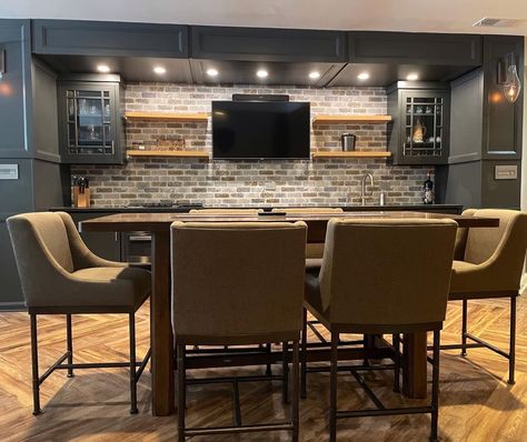 Basement Bar Banquette Seating, Basement Cabinets Bar, Small Bars In Basement, Basement Bar Brick Wall, Basement Bar Back Wall, Basement Bar Against Wall, Large Basement Bar Ideas, Basement Walk Up Bar Ideas, Basement Table And Chairs