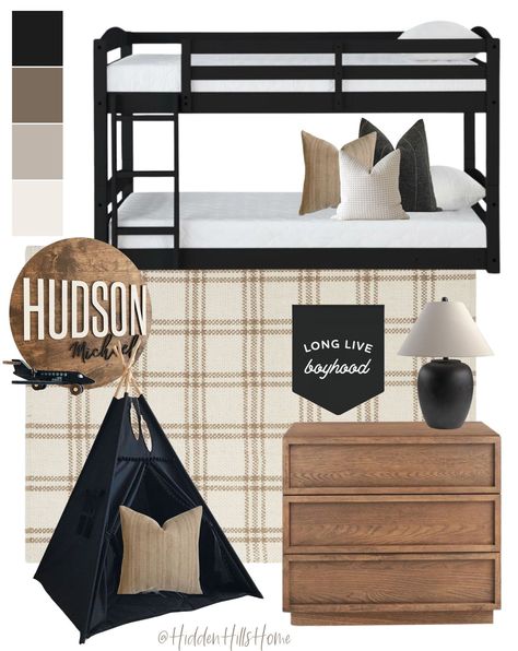 Cvyatko Standard Bunk Bed by … curated on LTK How To Style Bunk Beds, Bunk Bed Rug Placement, Black And White Bunk Room, Bunk Beds Boys Room, Boy Bunk Beds Room Ideas, Bunk Room Decor, Pottery Barn Boys Room, Black Bunk Beds For Boys Room, Kids Bedroom Mood Board