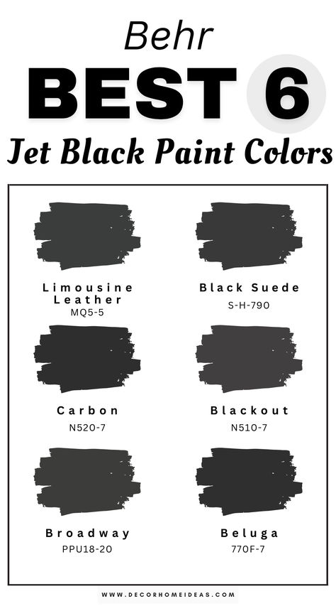 Explore the six best jet-black paint colors by Behr, perfect for adding depth and style to your home. Whether you're updating walls, cabinets, or exteriors, these rich shades offer a sleek, modern aesthetic. Discover how these timeless hues can enhance any space with bold sophistication! Behr Black Paint, Behr Black Paint Colors, Black Paint Colors, Tanning Studio, Black Paint Color, Behr Paint, Fixer Upper Style, Back Painting, Paint Swatches